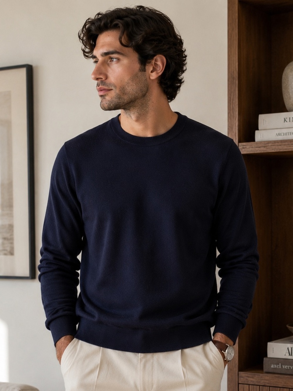 COS 100% Wool Crewneck Sweater Navy Men’s Medium Minimalist Luxury Academia